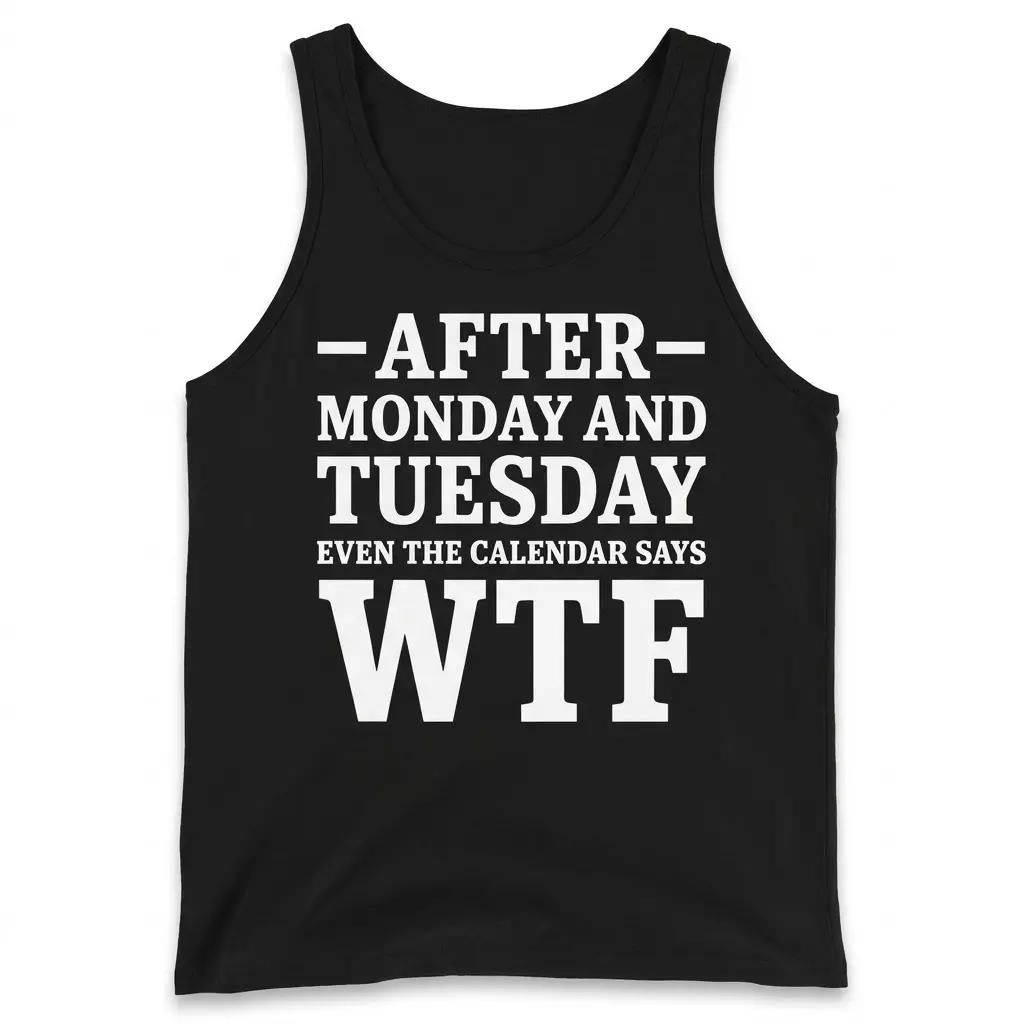 Flat lay display of a tank top printed with the humorous text After Monday and Tuesday Even The Calendar Says WTF.