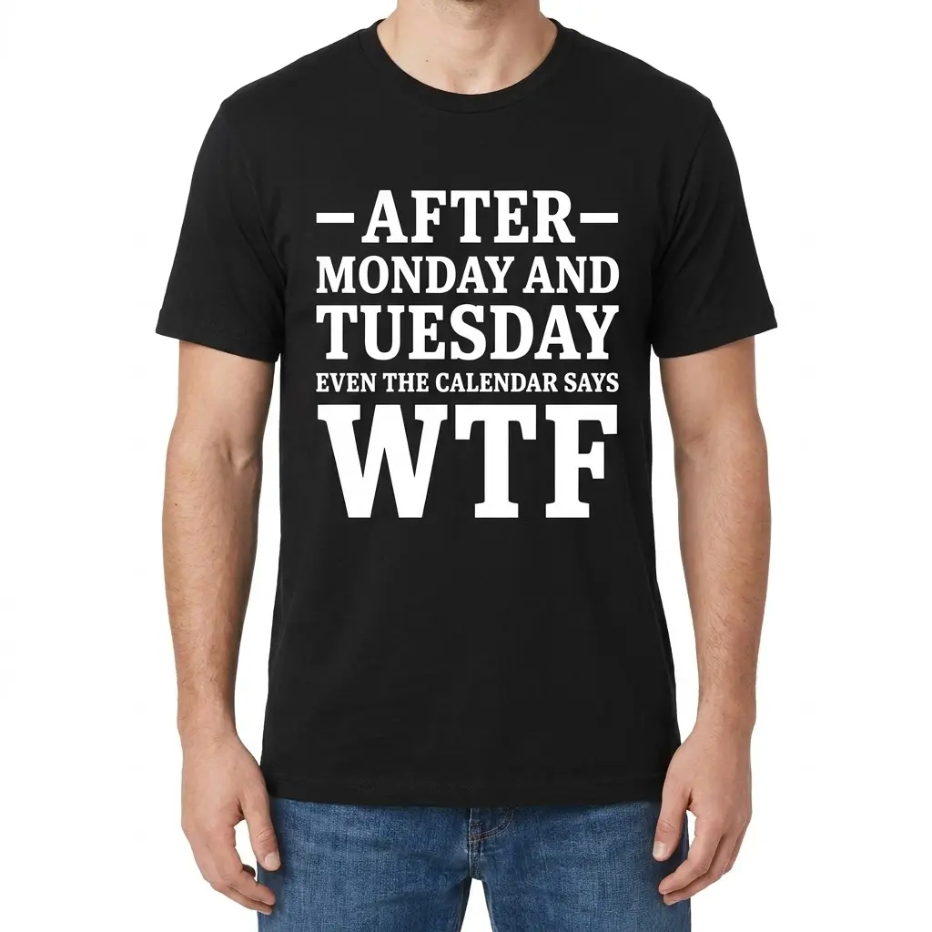 Front view of a man wearing the black graphic t-shirt reading After Monday and Tuesday Even The Calendar Says WTF.
