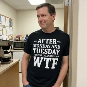 Even The Calendar Says WTF Funny T-Shirt 11 Close-up lifestyle view of the funny After Monday and Tuesday Even The Calendar Says WTF printed shirt.