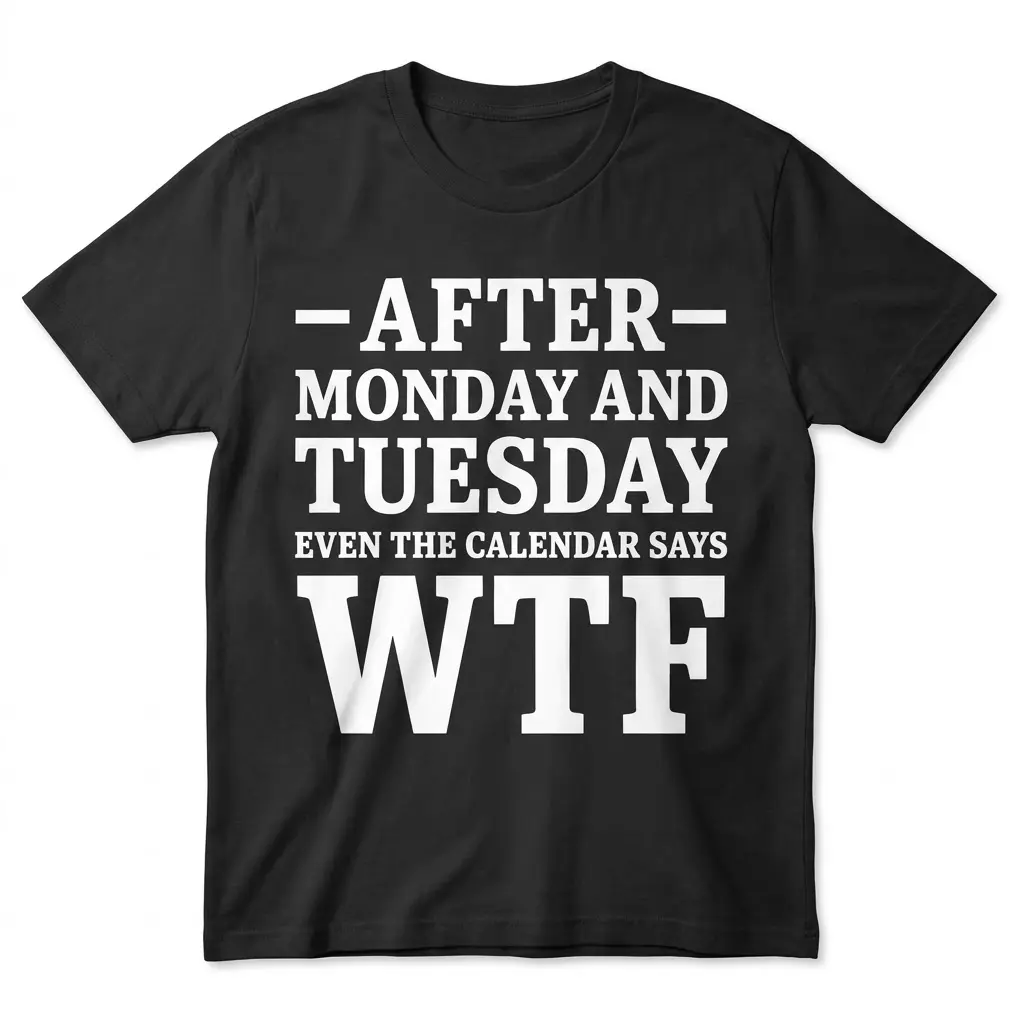 Flat lay front view of a black t-shirt featuring white text that reads After Monday and Tuesday Even The Calendar Says WTF.