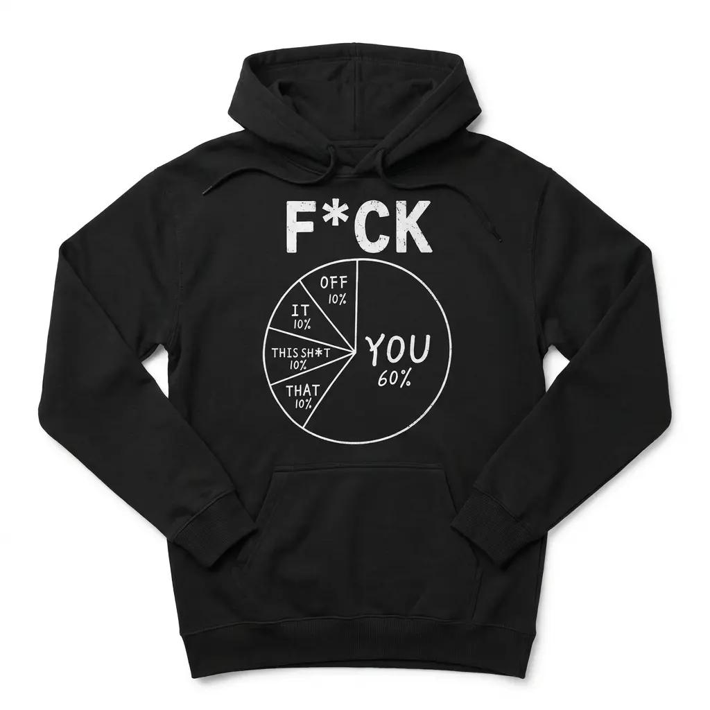 F*ck You Pie Chart Funny Sarcastic Data T-Shirt 2 Front flatlay of a black hoodie featuring the white F*CK YOU pie chart design with YOU at 60% and four 10% sections