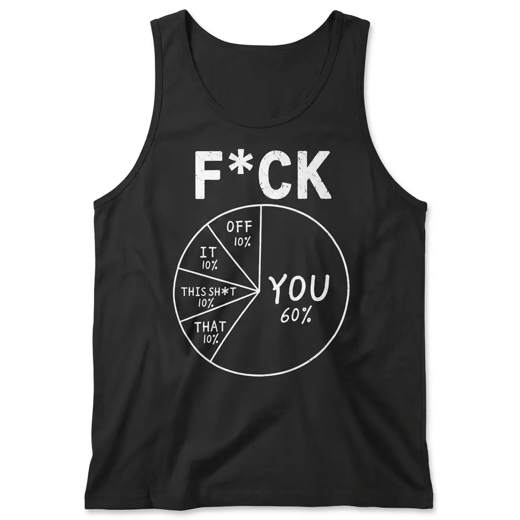 F*ck You Pie Chart Funny Sarcastic Data T-Shirt 3 Front flatlay of a black tank top displaying the white F*CK YOU pie chart graphic with YOU 60% and smaller labeled sections