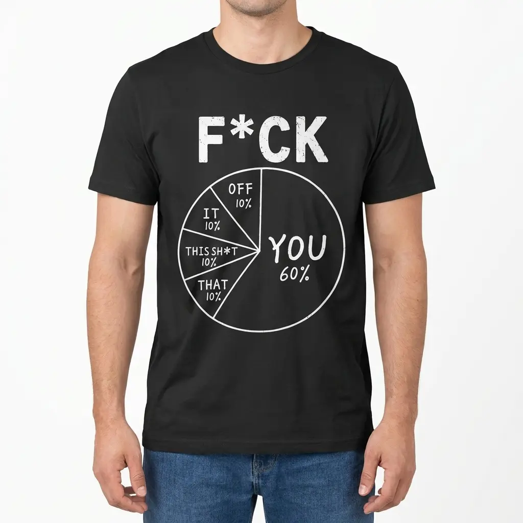 F*ck You Pie Chart Funny Sarcastic Data T-Shirt 4 Front view of a man wearing a black T-shirt with bold white F*CK lettering above a sarcastic YOU 60% pie chart