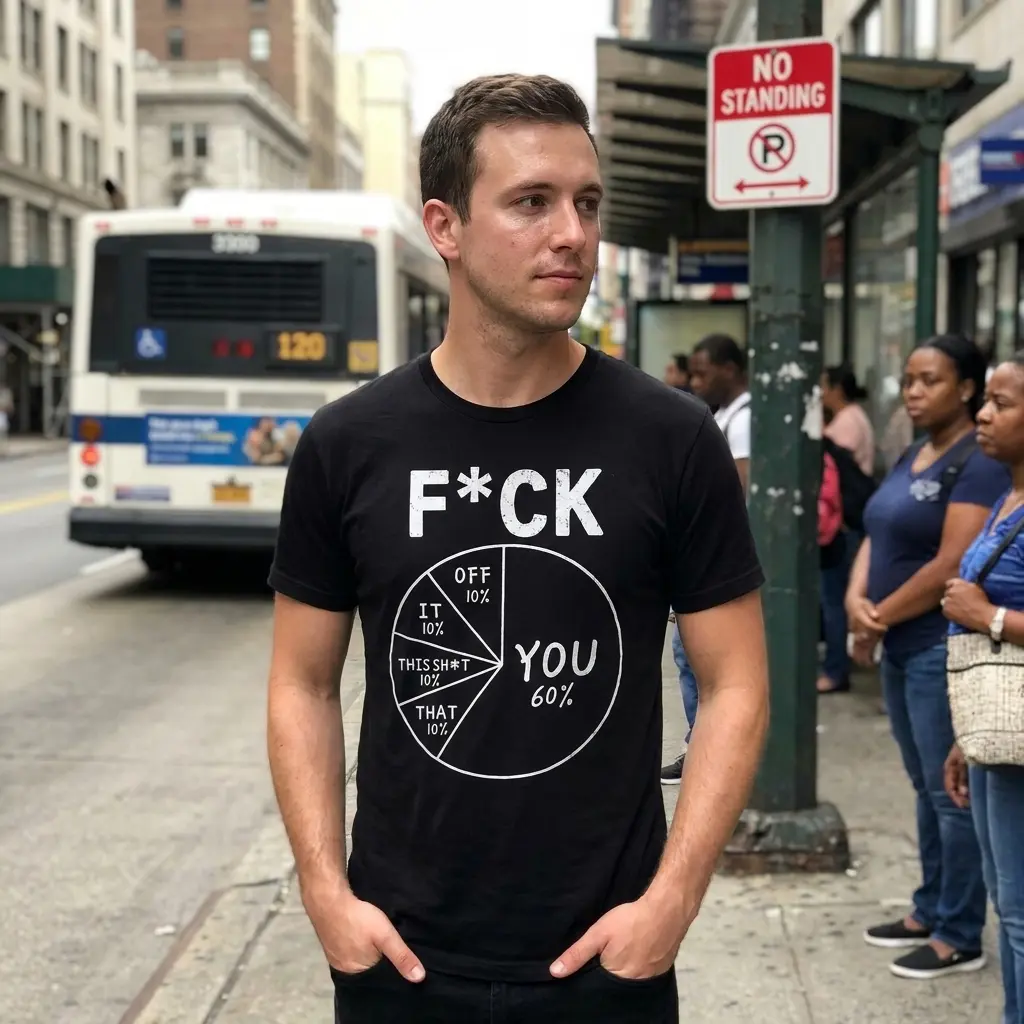 F*ck You Pie Chart Funny Sarcastic Data T-Shirt 5 Lifestyle view of the F*CK YOU pie chart design on a black shirt, featuring white lettering and percentage labels