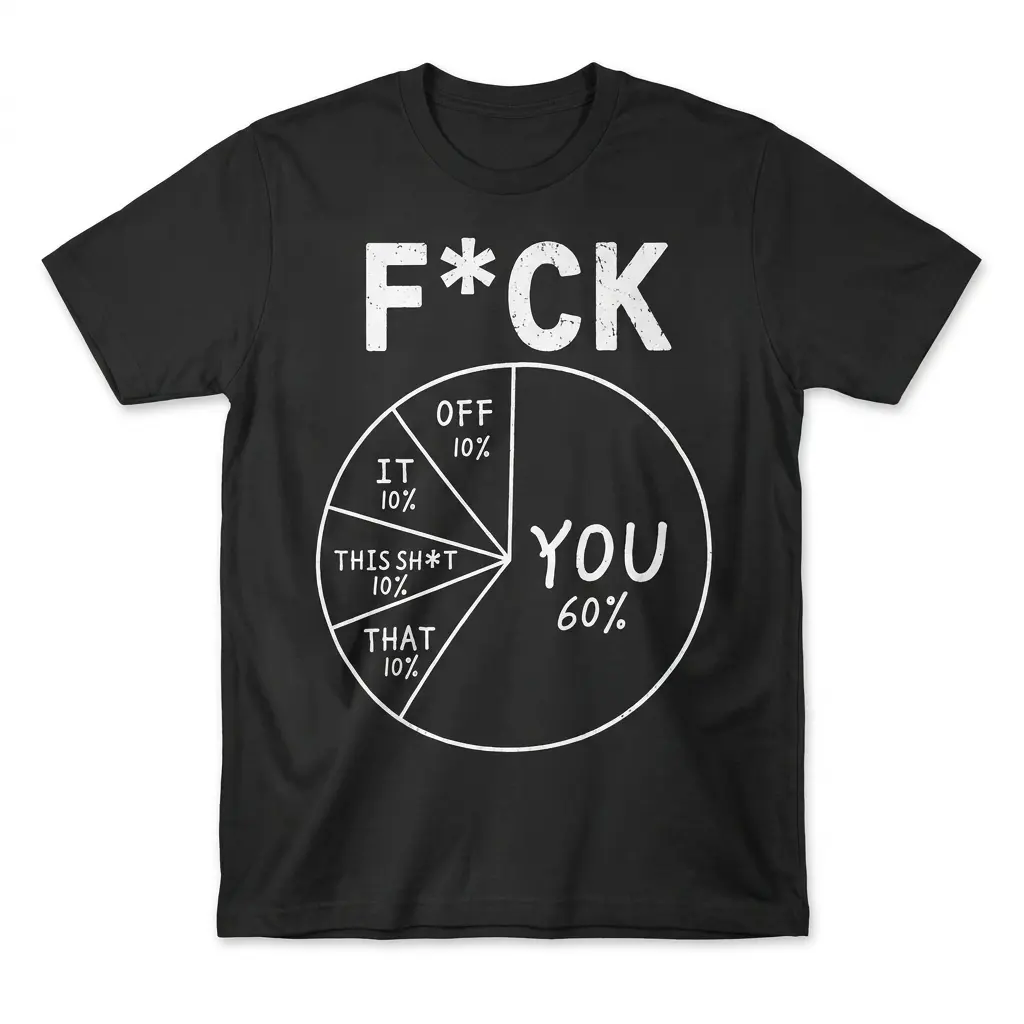 F*ck You Pie Chart Funny Sarcastic Data T-Shirt 1 Front flatlay of a black T-shirt with white “F*CK” lettering and a pie chart labeled “YOU 60%” with smaller 10% sections