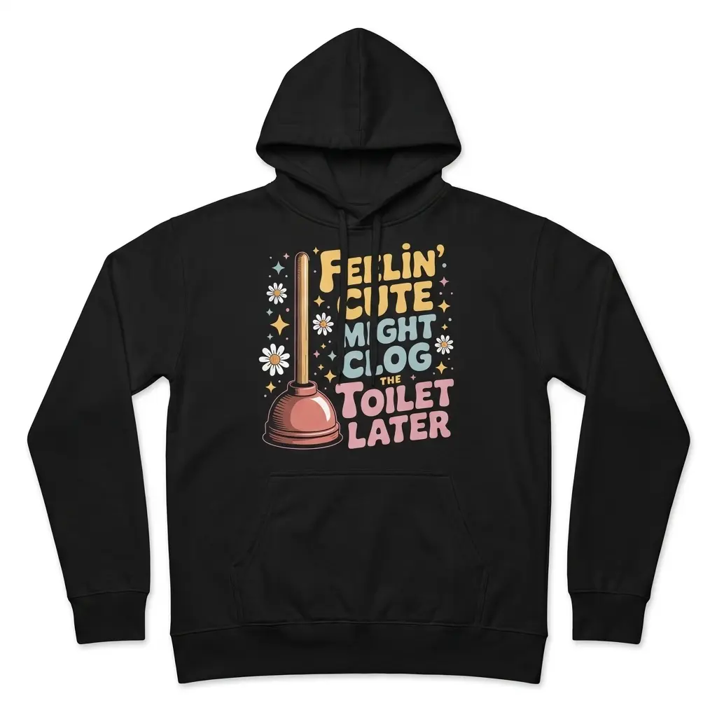 Feelin Cute Might Clog The Toilet Later T-Shirt 2 Front flat lay of a hoodie featuring the humorous Feelin' Cute Might Clog The Toilet Later graphic with a plunger illustration.