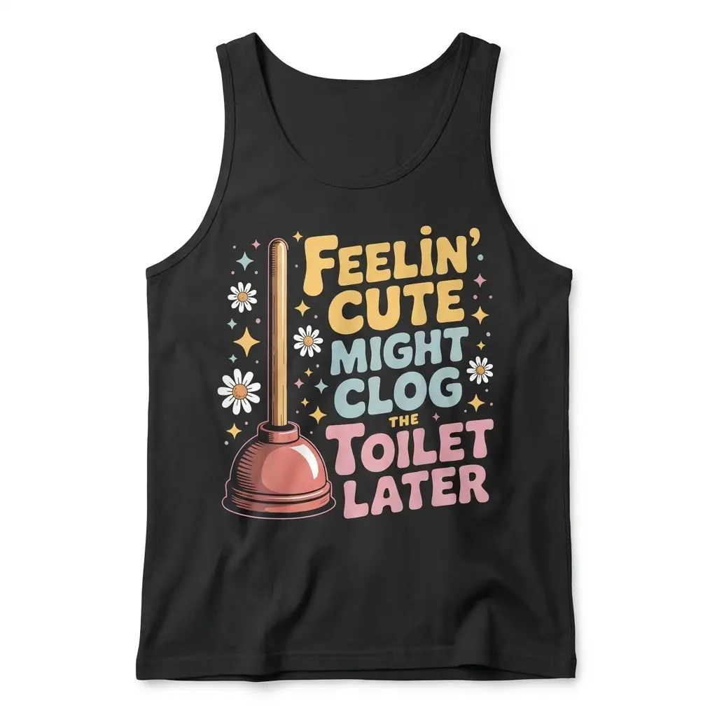 Feelin Cute Might Clog The Toilet Later T-Shirt 3 Flat lay view of a tank top showcasing the funny Feelin' Cute Might Clog The Toilet Later plunger print with floral accents.