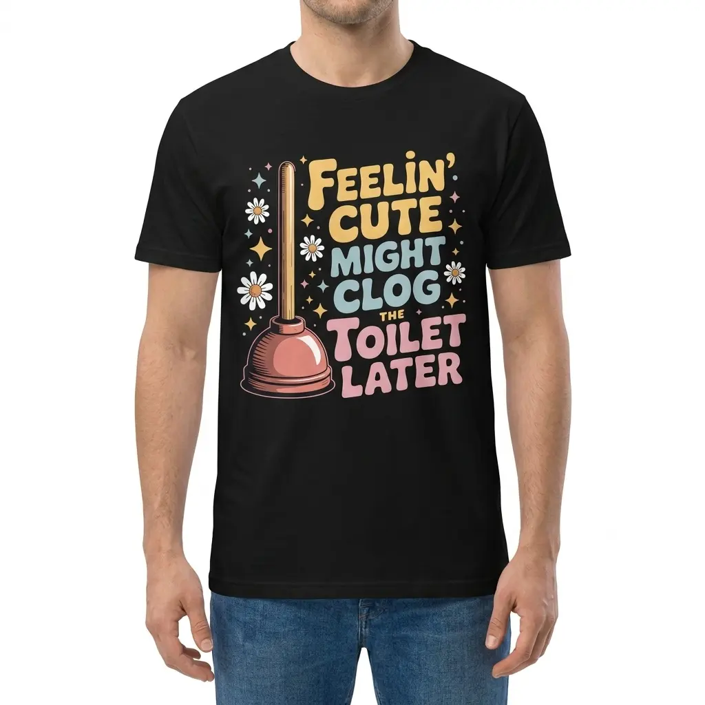 Feelin Cute Might Clog The Toilet Later T-Shirt 4 Front view of a man wearing the Feelin' Cute Might Clog The Toilet Later t-shirt with retro plunger artwork.