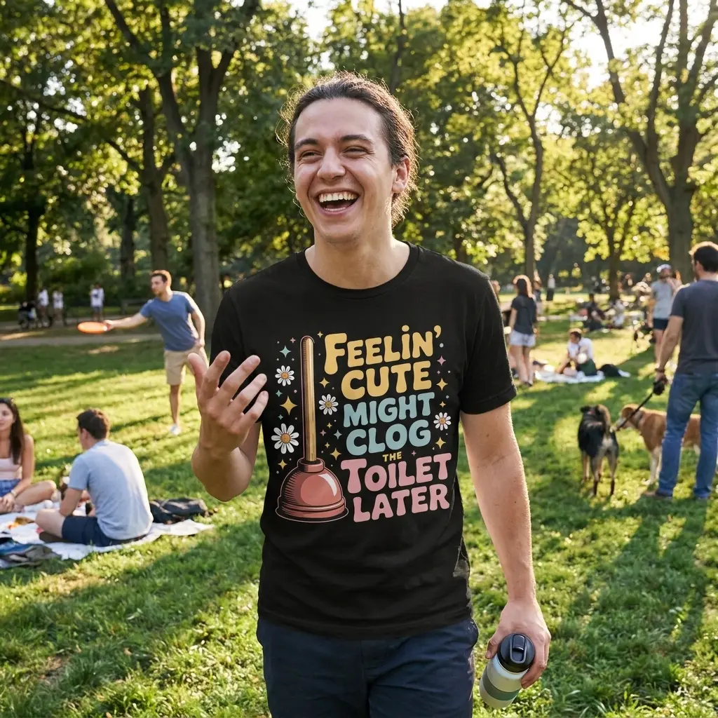 Feelin Cute Might Clog The Toilet Later T-Shirt 5 Casual lifestyle view of the Feelin' Cute Might Clog The Toilet Later graphic shirt in everyday wear.