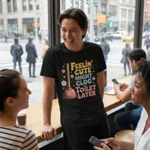 Feelin Cute Might Clog The Toilet Later T-Shirt 11 Lifestyle setting highlighting the Feelin' Cute Might Clog The Toilet Later shirt with vintage lettering and plunger graphic.