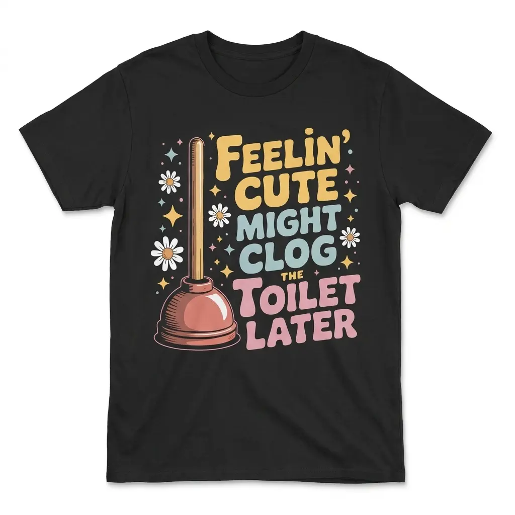 Feelin Cute Might Clog The Toilet Later T-Shirt 1 Flat lay of a black t-shirt with retro text reading Feelin' Cute Might Clog The Toilet Later alongside a plunger and daisies.