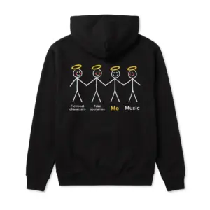 Fictional Characters Fake Scenarios Me Music T-Shirt 7 Cozy pullover hoodie displaying black tee back print showing four stick figures with golden halos labeled Fictional characters Fake scenarios Me and Music