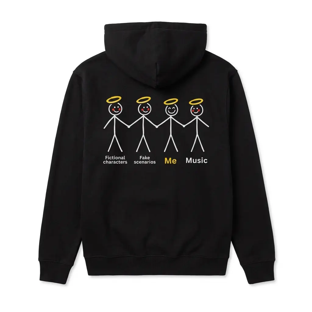 Fictional Characters Fake Scenarios Me Music T-Shirt 2 Cozy pullover hoodie displaying black tee back print showing four stick figures with golden halos labeled Fictional characters Fake scenarios Me and Music