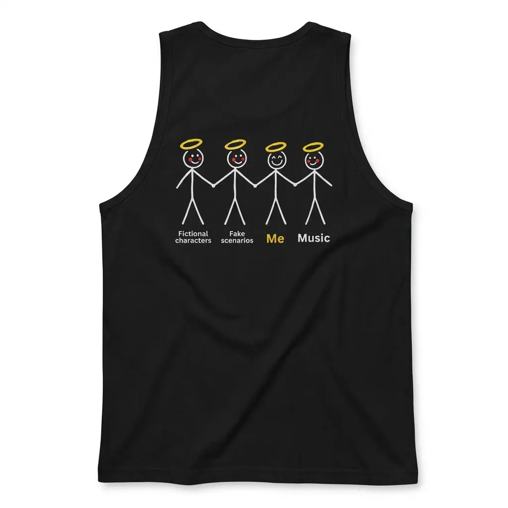 Fictional Characters Fake Scenarios Me Music T-Shirt 3 Sleeveless casual tank top with black tee back print showing four stick figures with golden halos labeled Fictional characters Fake scenarios Me and Music
