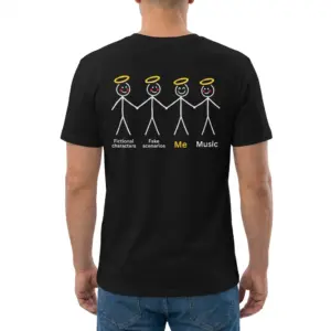 Fictional Characters Fake Scenarios Me Music T-Shirt 9 Man wearing black graphic tee with black tee back print showing four stick figures with golden halos labeled Fictional characters Fake scenarios Me and Music