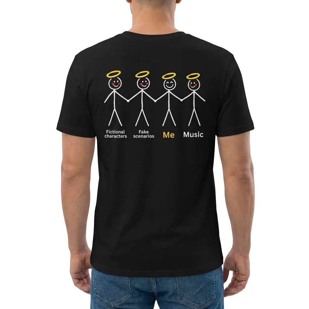 Fictional Characters Fake Scenarios Me Music T-Shirt 4 Man wearing black graphic tee with black tee back print showing four stick figures with golden halos labeled Fictional characters Fake scenarios Me and Music