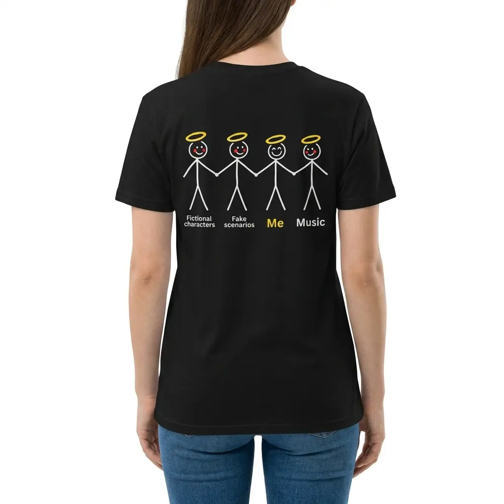 Fictional Characters Fake Scenarios Me Music T-Shirt 6 Woman wearing black cotton tee with black tee back print showing four stick figures with golden halos labeled Fictional characters Fake scenarios Me and Music