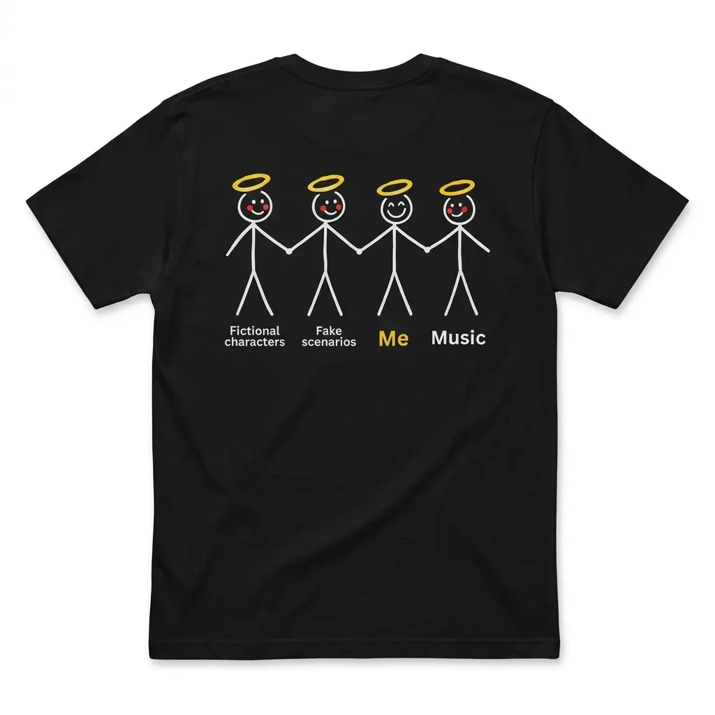 Fictional Characters Fake Scenarios Me Music T-Shirt 1 Flatlay black t-shirt featuring black tee back print showing four stick figures with golden halos labeled Fictional characters Fake scenarios Me and Music