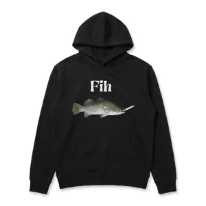 Fih Fish Smoking a Cigarette Surreal Meme Funny T-Shirt 7 Cozy pullover hoodie displaying black tee front print reading Fih above a realistic fish smoking a cigarette