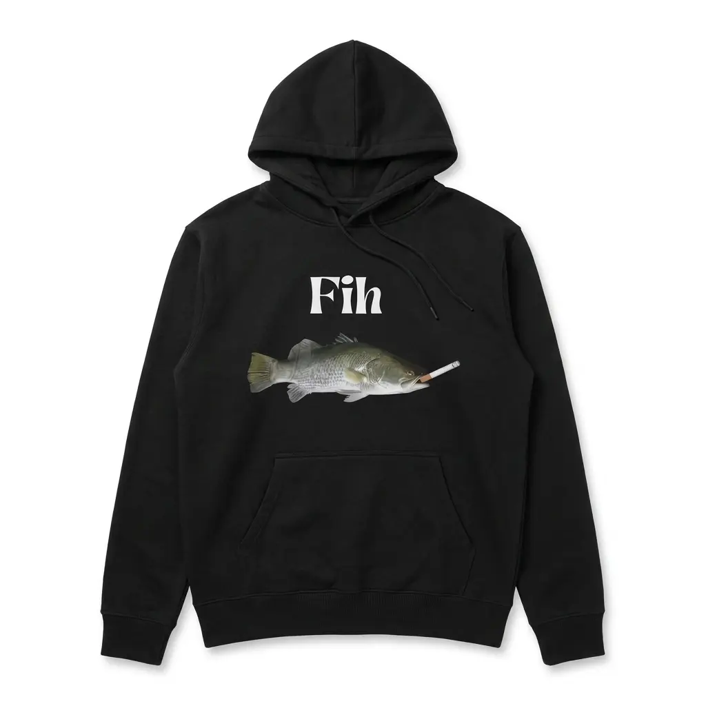 Cozy pullover hoodie displaying black tee front print reading Fih above a realistic fish smoking a cigarette