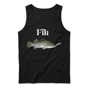 Fih Fish Smoking a Cigarette Surreal Meme Funny T-Shirt 8 Sleeveless casual tank top with black tee front print reading Fih above a realistic fish smoking a cigarette