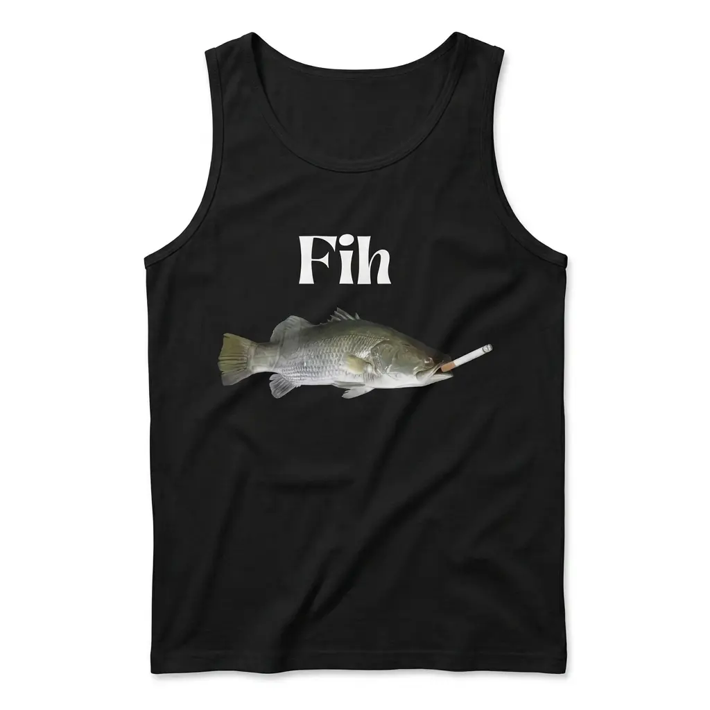 Sleeveless casual tank top with black tee front print reading Fih above a realistic fish smoking a cigarette