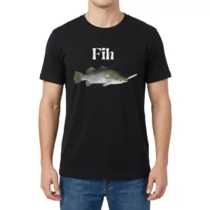Fih Fish Smoking a Cigarette Surreal Meme Funny T-Shirt 9 Man wearing black graphic tee with black tee front print reading Fih above a realistic fish smoking a cigarette