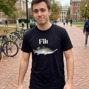 Fih Fish Smoking a Cigarette Surreal Meme Funny T-Shirt 10 Everyday streetwear outfit styling black shirt with black tee front print reading Fih above a realistic fish smoking a cigarette