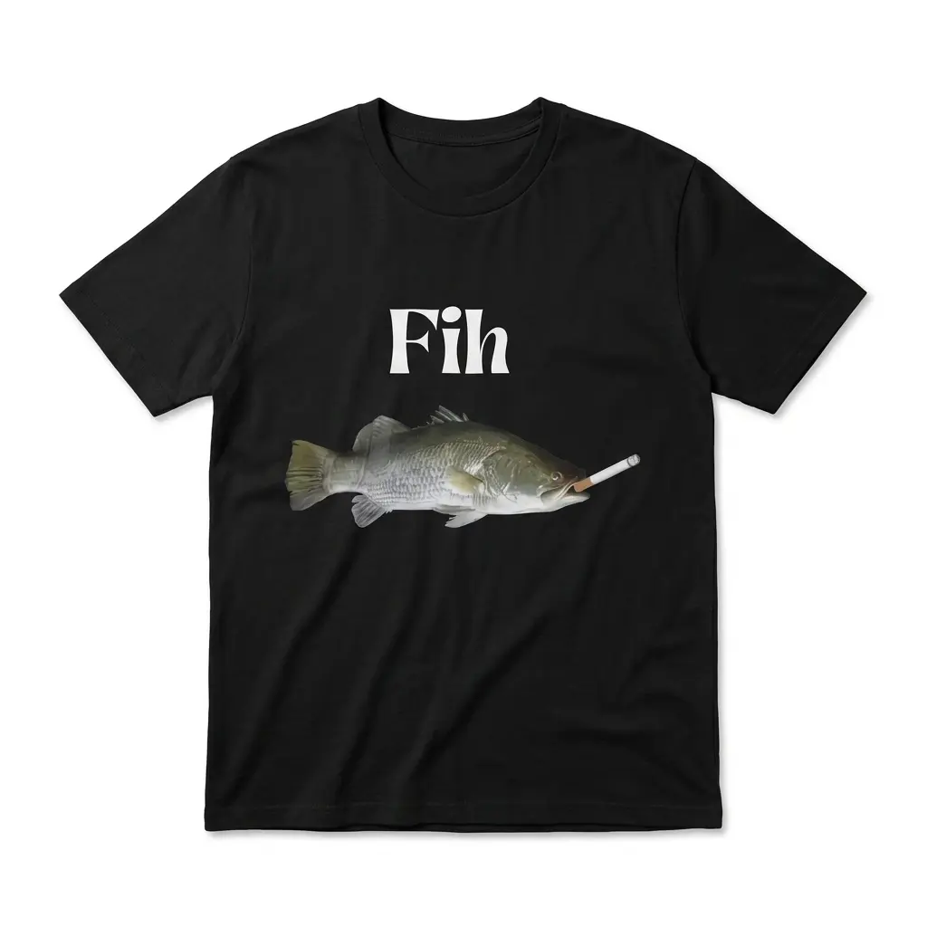 Flatlay black t-shirt featuring black tee front print reading Fih above a realistic fish smoking a cigarette