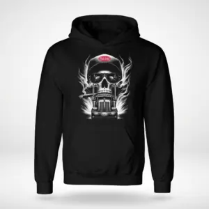 Flaming Skull Trucker Hat Highway Graphic T-Shirt 7 Front flat-lay hoodie featuring a flaming skull in a trucker hat and sunglasses above a semi truck.
