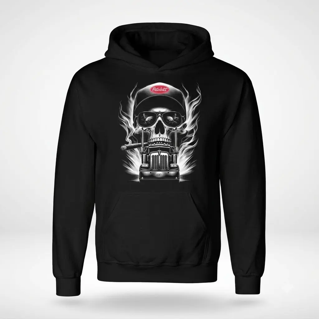 Front flat-lay hoodie featuring a flaming skull in a trucker hat and sunglasses above a semi truck.