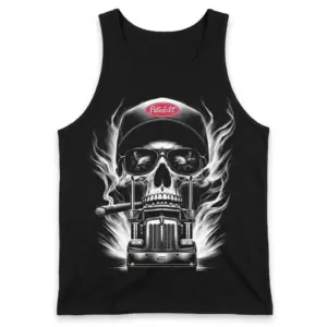 Flaming Skull Trucker Hat Highway Graphic T-Shirt 8 Front flat-lay tank top with a flaming skull, trucker hat, sunglasses, and semi-truck graphic.