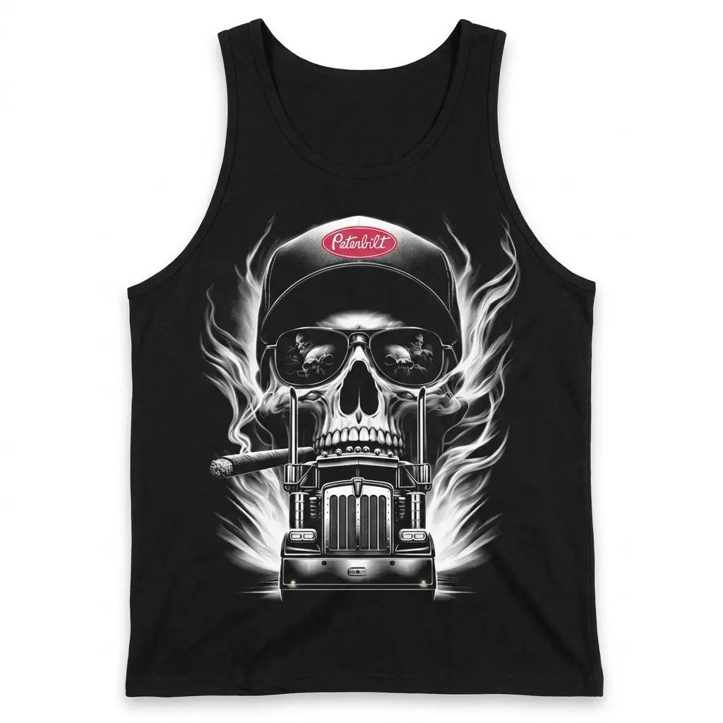 Front flat-lay tank top with a flaming skull, trucker hat, sunglasses, and semi-truck graphic.