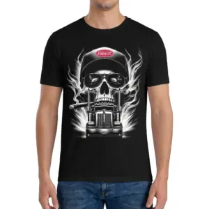 Flaming Skull Trucker Hat Highway Graphic T-Shirt 9 Man wearing the trucker skull shirt with the flaming skull and semi-truck graphic on the front.