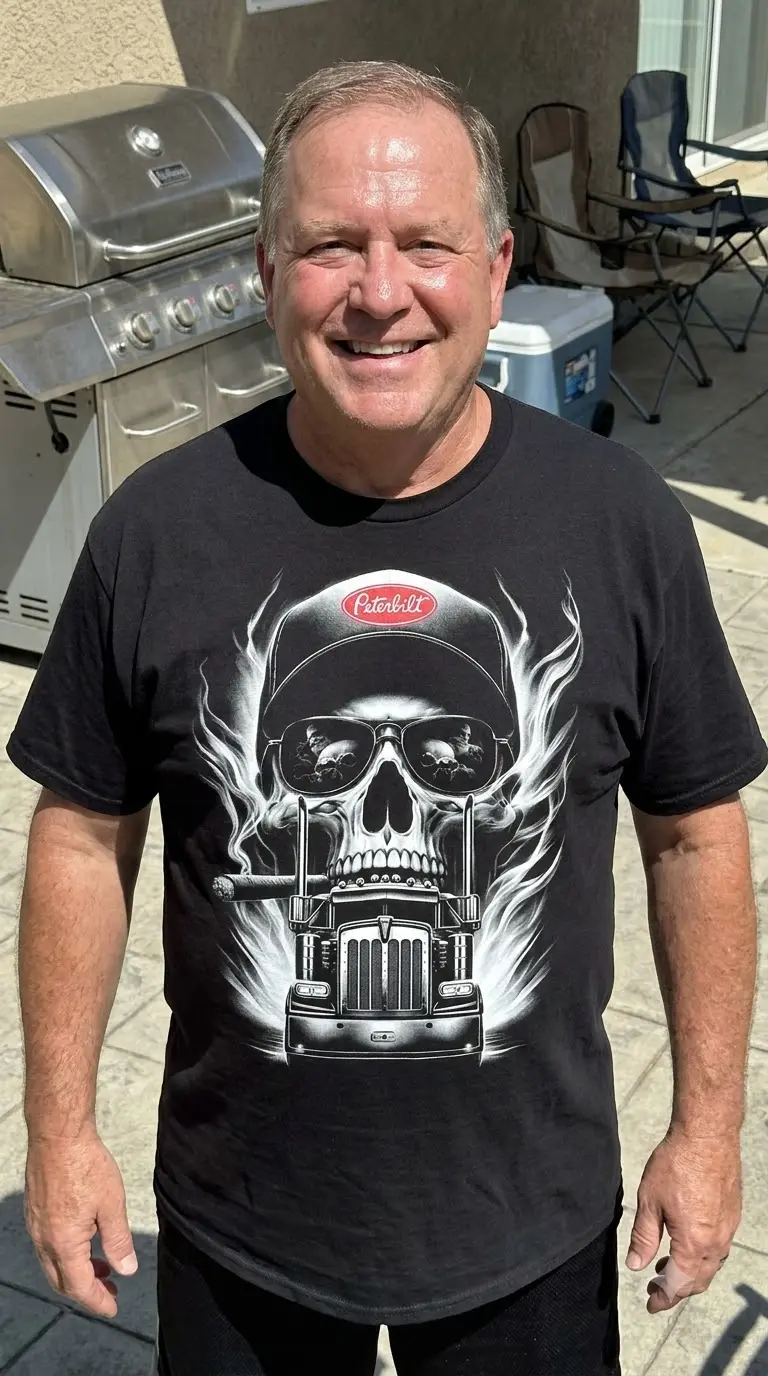 Trucker skull shirt featuring a flaming skull in sunglasses and a trucker hat above a semi truck.