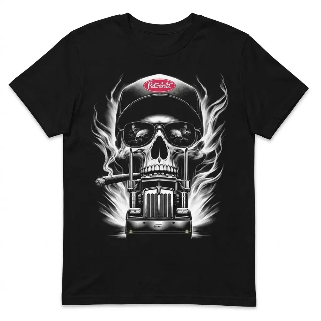 Black front flat-lay T-shirt with a flaming skull in a trucker hat and sunglasses above a semi truck.