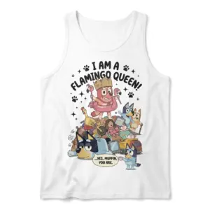 Flamingo Queen Chaotic Toddler Funny Dog T-Shirt 7 Front flat lay of a tank top with the chaotic Flamingo Queen cartoon dog print.