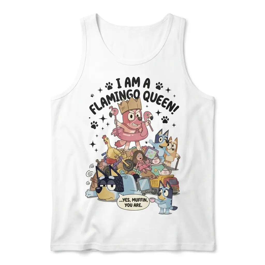 Front flat lay of a tank top with the chaotic Flamingo Queen cartoon dog print.