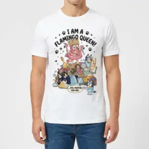Flamingo Queen Chaotic Toddler Funny Dog T-Shirt 8 Front view of a man wearing the white Flamingo Queen toddler dog graphic t-shirt.