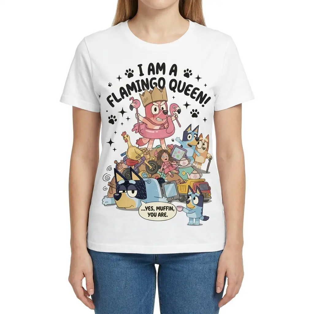 Front view of a woman wearing the Flamingo Queen chaotic dog graphic t-shirt.