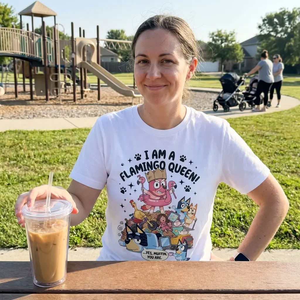 Lifestyle display of the funny Flamingo Queen toddler dog shirt in a casual setting.