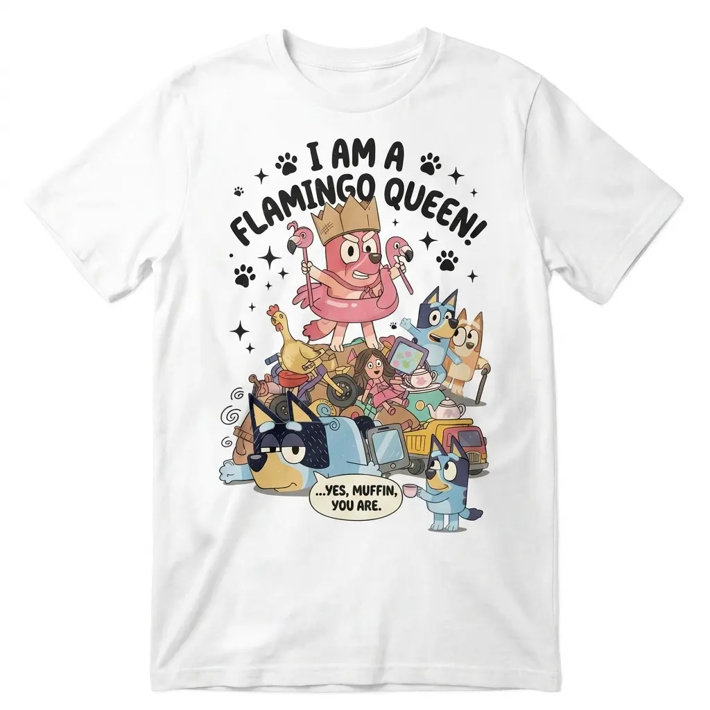 Flat lay of a white t-shirt printed with the cartoon Flamingo Queen dog standing on a pile of toys.