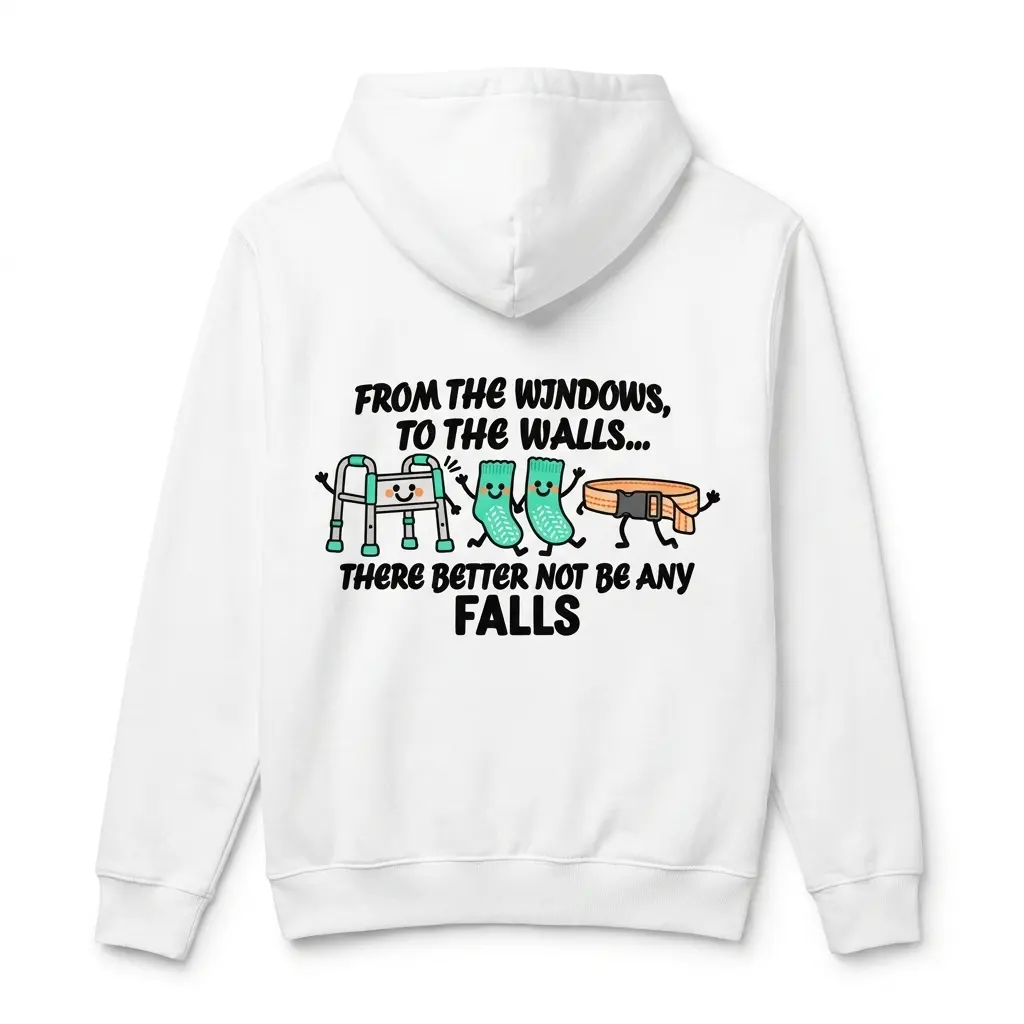 Cozy pullover hoodie displaying white tee back print reading FROM THE WINDOWS TO THE WALLS THERE BETTER NOT BE ANY FALLS with a cartoon walker, grippy