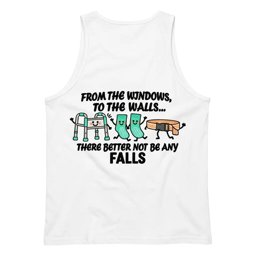 Sleeveless casual tank top with white tee back print reading FROM THE WINDOWS TO THE WALLS THERE BETTER NOT BE ANY FALLS with a cartoon walker, grippy