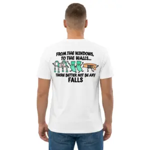 From The Windows To The Walls No Falls Funny Nurse T-Shirt 9 Man wearing white graphic tee with white tee back print reading FROM THE WINDOWS TO THE WALLS THERE BETTER NOT BE ANY FALLS with a cartoon walker, grippy