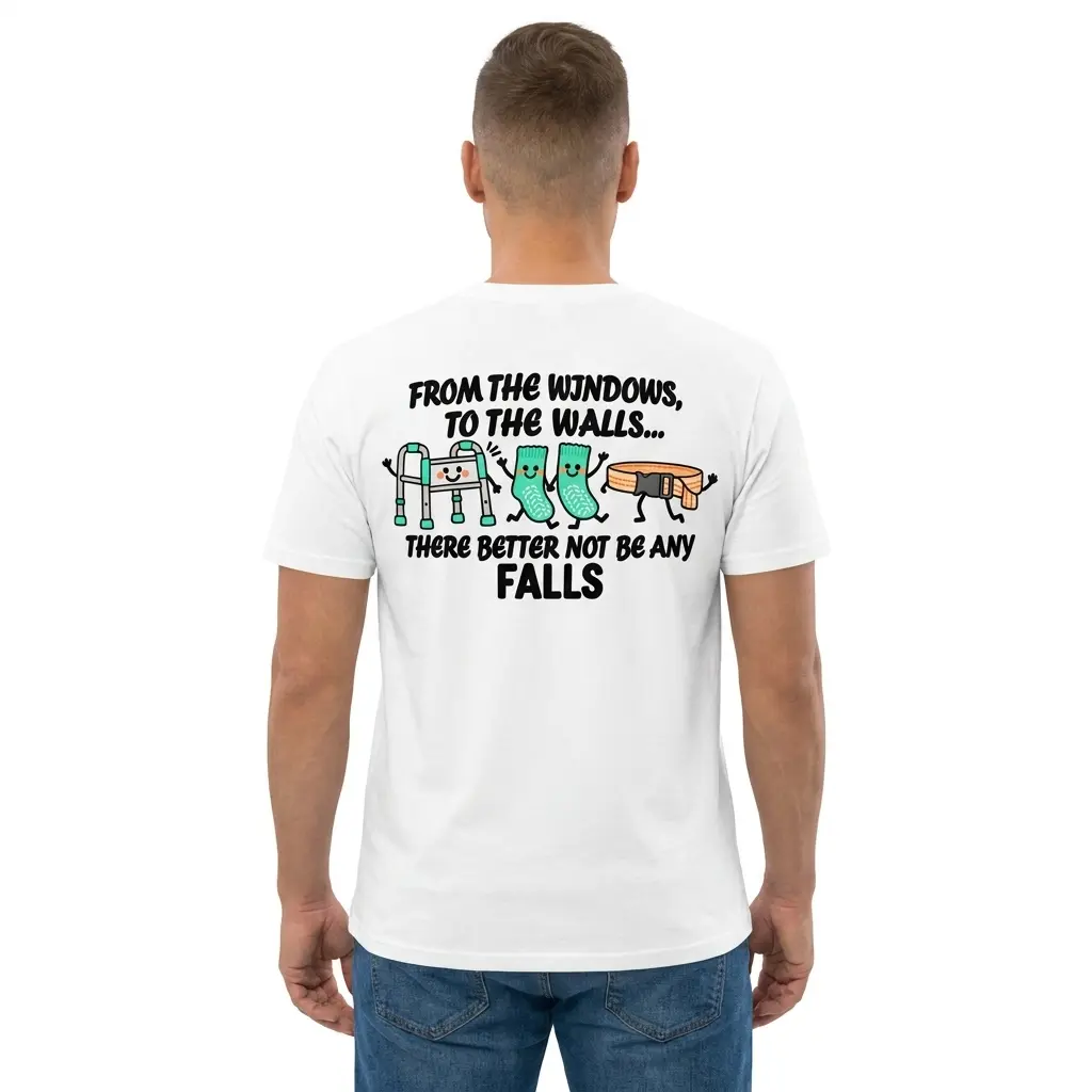 Man wearing white graphic tee with white tee back print reading FROM THE WINDOWS TO THE WALLS THERE BETTER NOT BE ANY FALLS with a cartoon walker, grippy