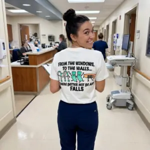 From The Windows To The Walls No Falls Funny Nurse T-Shirt 10 Nurse in white t-shirt with From the Windows to the Walls no falls cartoon back print walking in hospital corridor