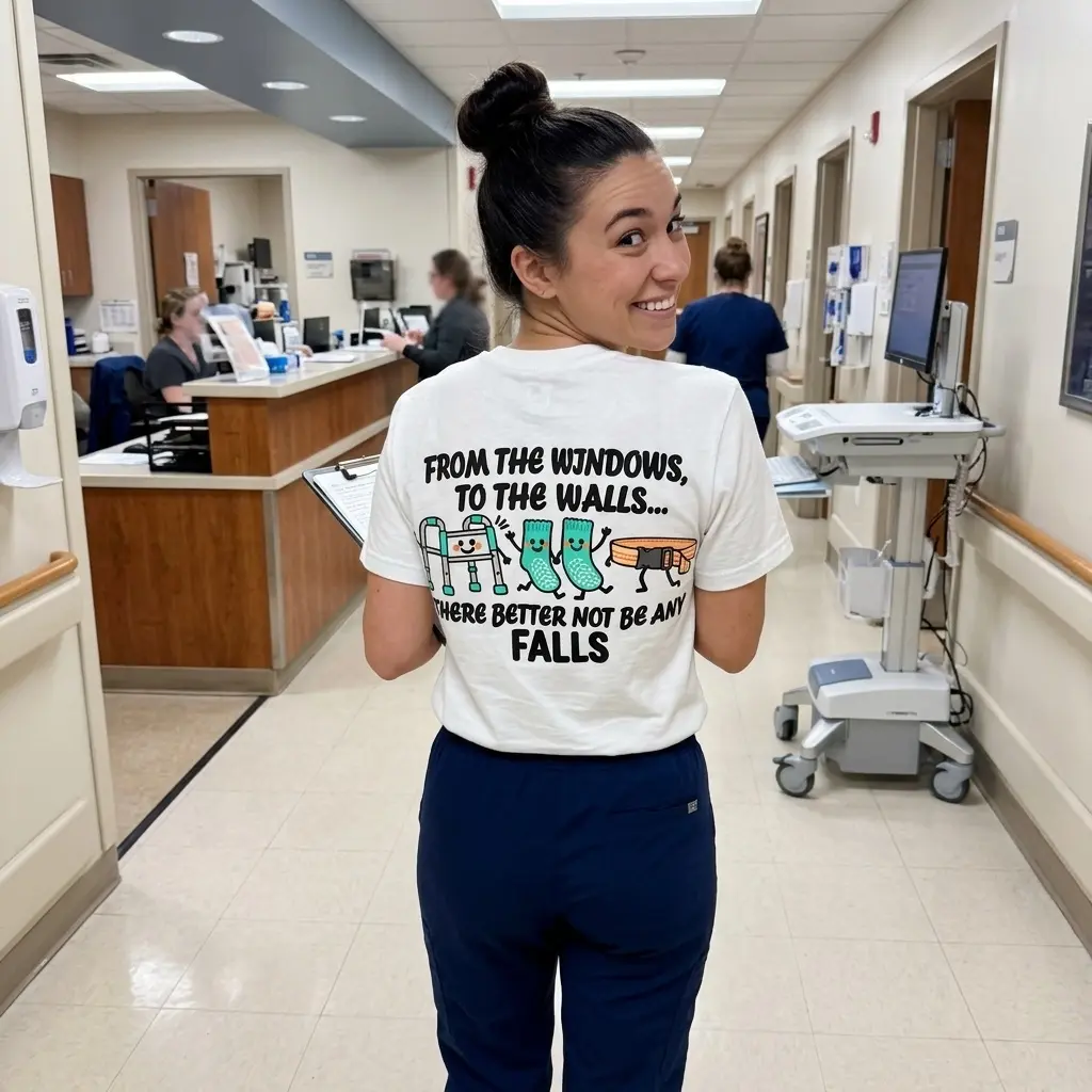 Nurse in white t-shirt with From the Windows to the Walls no falls cartoon back print walking in hospital corridor