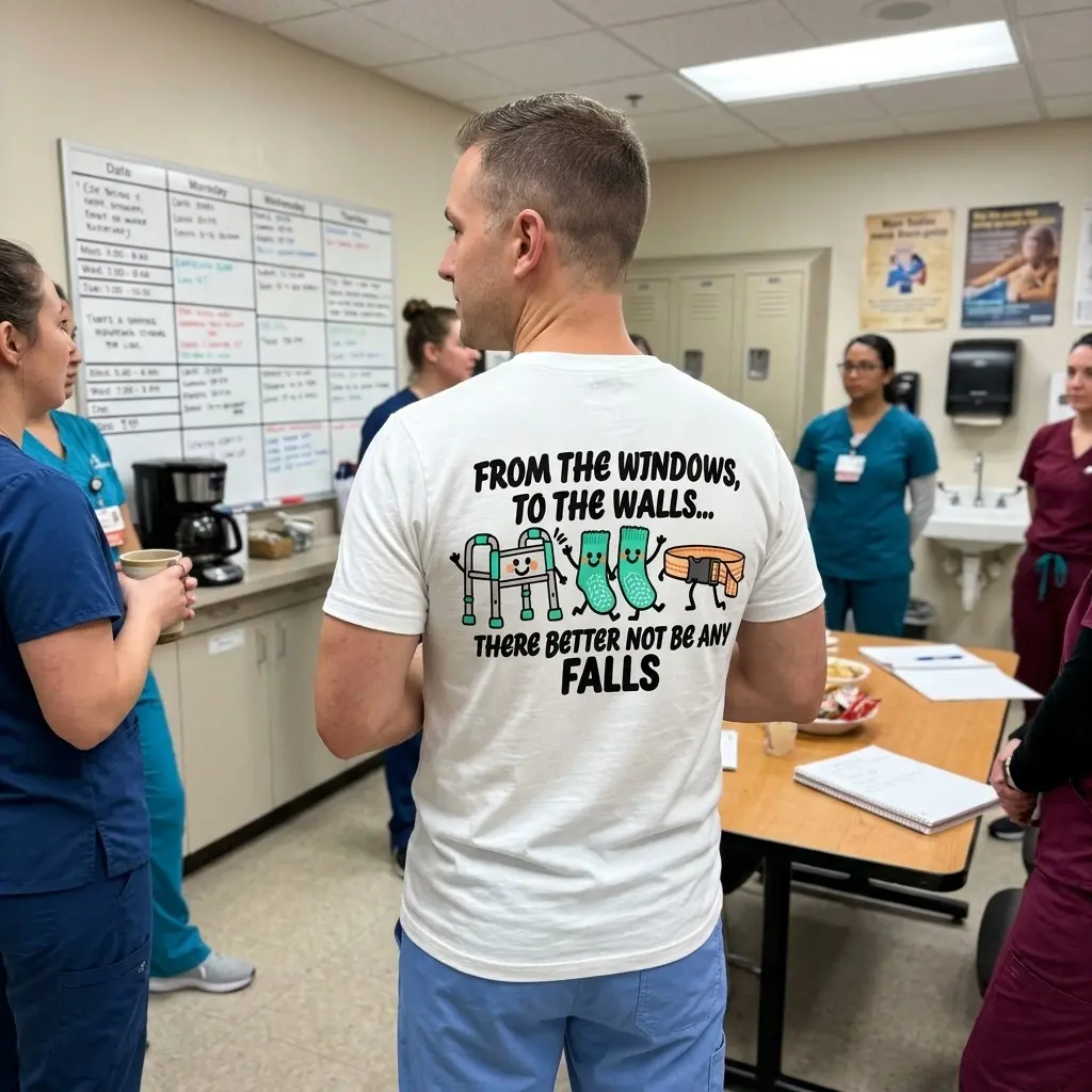 Male nurse in white t-shirt with From the Windows to the Walls fall prevention graphic on back in hospital breakroom