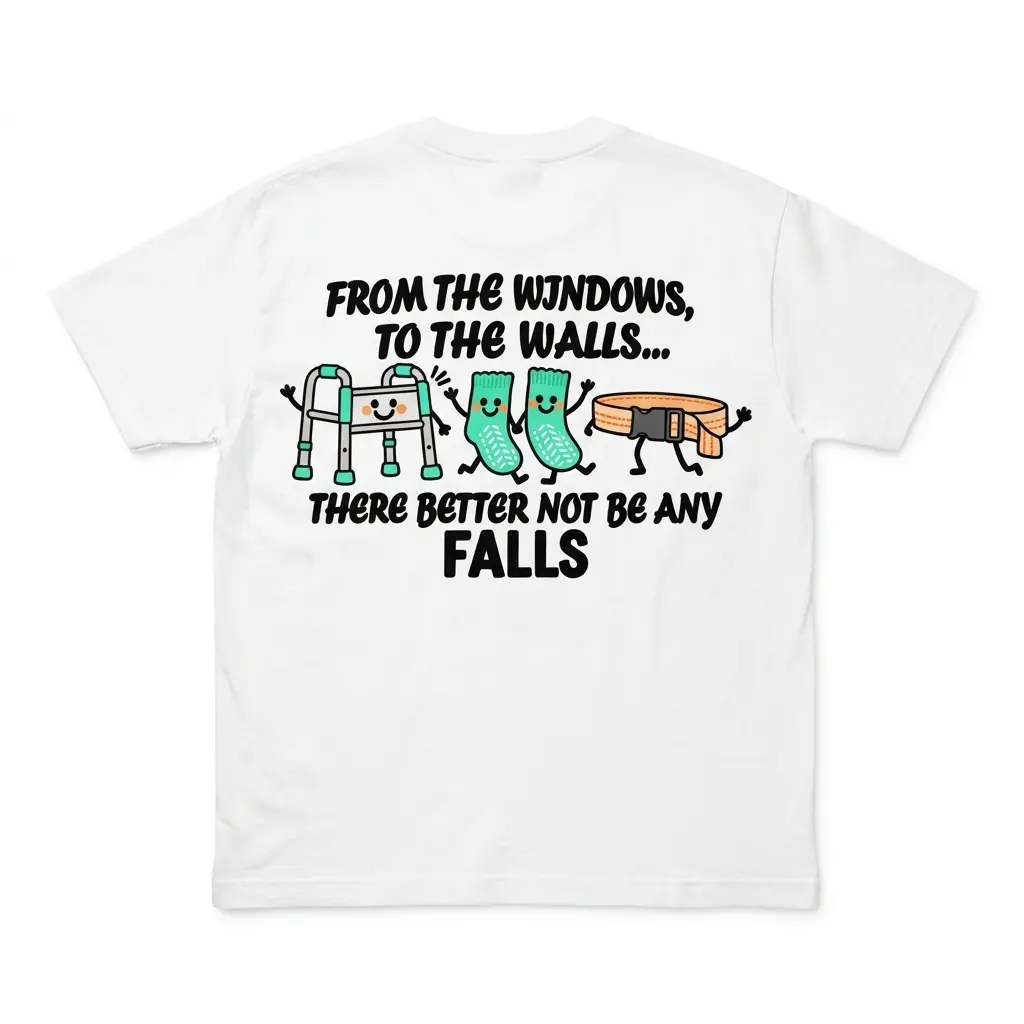 Flatlay white t-shirt featuring white tee back print reading FROM THE WINDOWS TO THE WALLS THERE BETTER NOT BE ANY FALLS with a cartoon walker, grippy